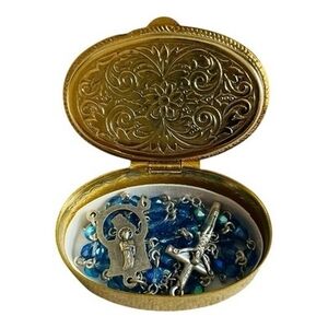 Vintage Blue Crystal Rosary Beads in Ornate Gold Tone Metal Hinged Case Box NIB
